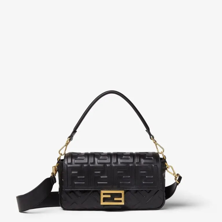 Medium Baguette Shoulder Bag Black Calfskin Leather Embossed FF Pattern