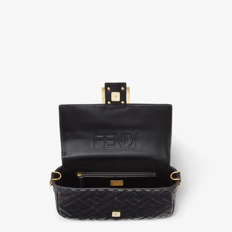Medium Baguette Shoulder Bag Black Calfskin Leather Embossed FF Pattern
