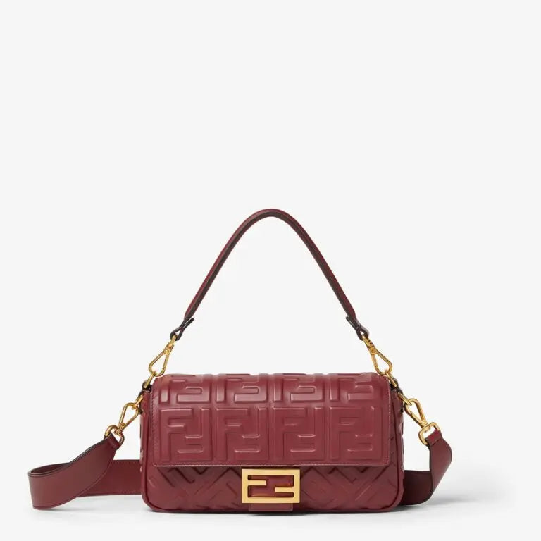 Medium Baguette Shoulder Bag Burgundy Calfskin Leather Embossed FF Pattern