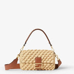Medium Baguette Shoulder Bag Natural Raffia-Effect Material Brown Leather Trim