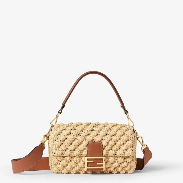 Medium Baguette Shoulder Bag Natural Raffia-Effect Material Brown Leather Trim