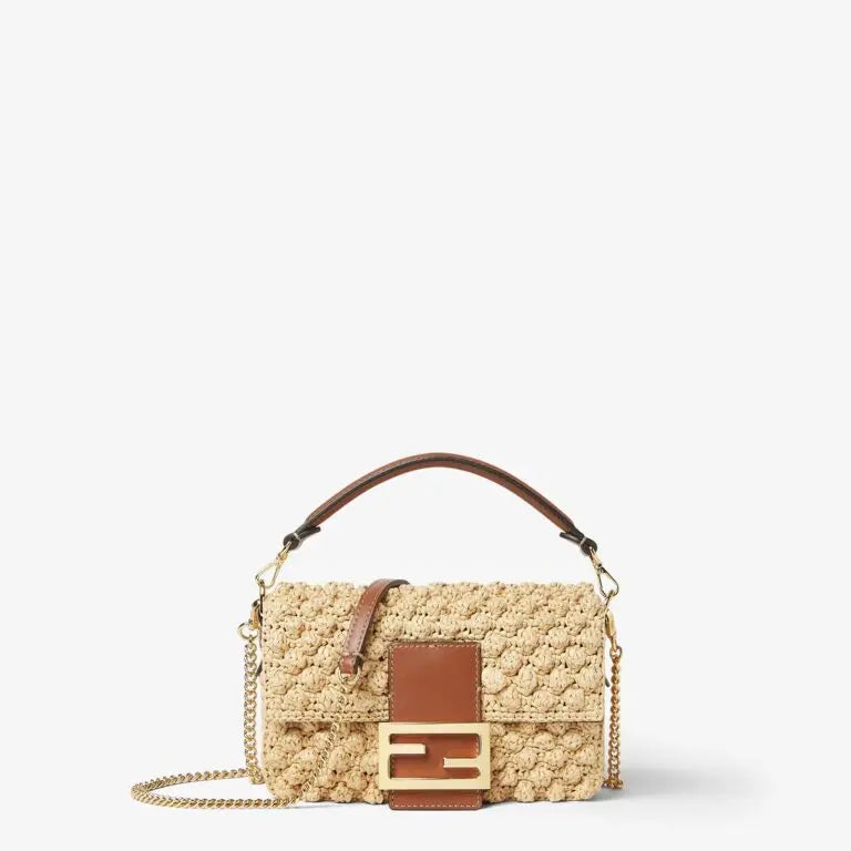 Mini Baguette Shoulder Bag Natural Raffia-Effect Material Brown Calfskin Leather