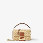 Mini Baguette Shoulder Bag Natural Raffia-Effect Material Brown Calfskin Leather
