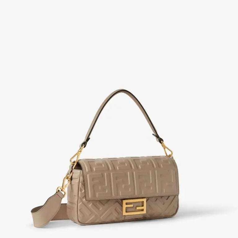 Medium Baguette Shoulder Bag Dove Gray Calfskin Leather Embossed FF Pattern