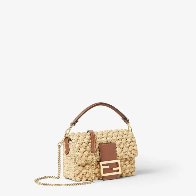 Mini Baguette Shoulder Bag Natural Raffia-Effect Material Brown Calfskin Leather