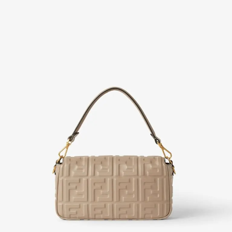 Medium Baguette Shoulder Bag Dove Gray Calfskin Leather Embossed FF Pattern