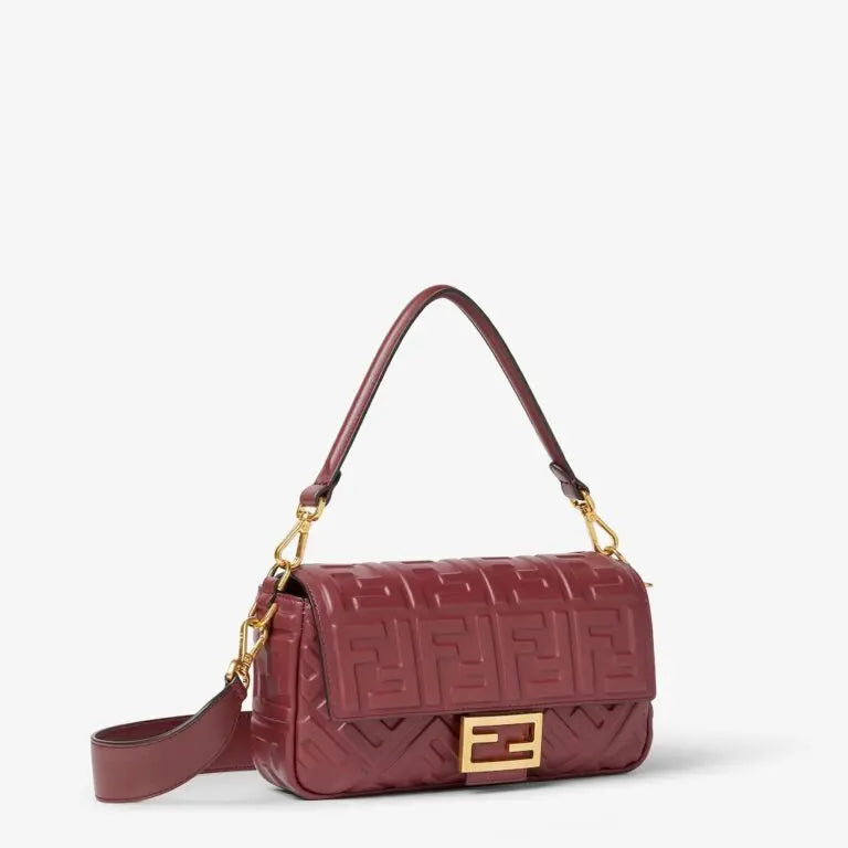 Medium Baguette Shoulder Bag Burgundy Calfskin Leather Embossed FF Pattern