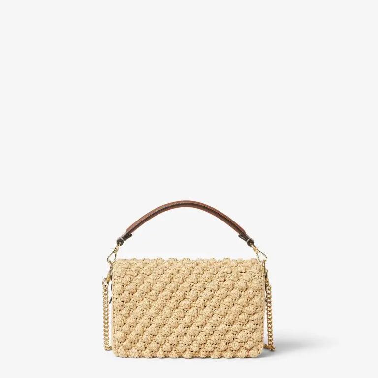 Mini Baguette Shoulder Bag Natural Raffia-Effect Material Brown Calfskin Leather