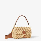 Medium Baguette Shoulder Bag Natural Raffia-Effect Material Brown Leather Trim