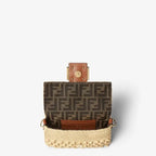 Mini Baguette Shoulder Bag Natural Raffia-Effect Material Brown Calfskin Leather