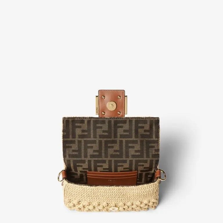 Mini Baguette Shoulder Bag Natural Raffia-Effect Material Brown Calfskin Leather