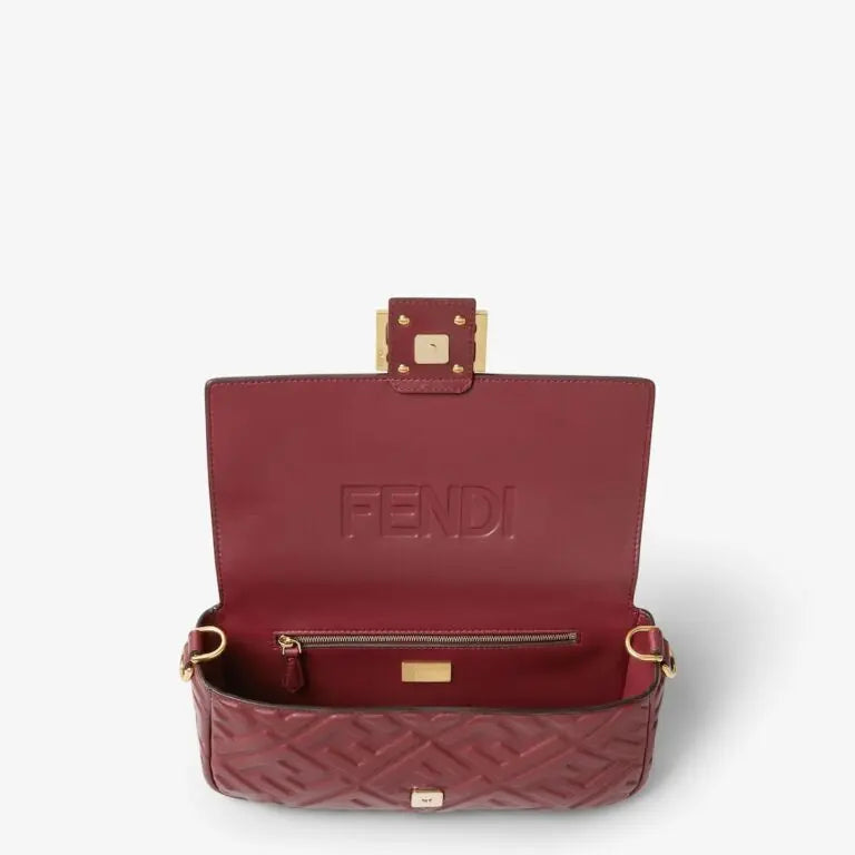 Medium Baguette Shoulder Bag Burgundy Calfskin Leather Embossed FF Pattern