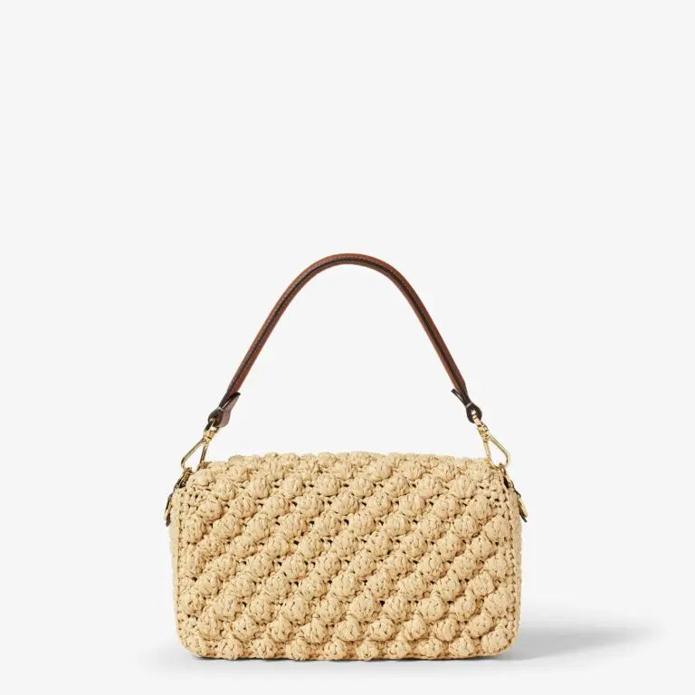 Medium Baguette Shoulder Bag Natural Raffia-Effect Material Brown Leather Trim