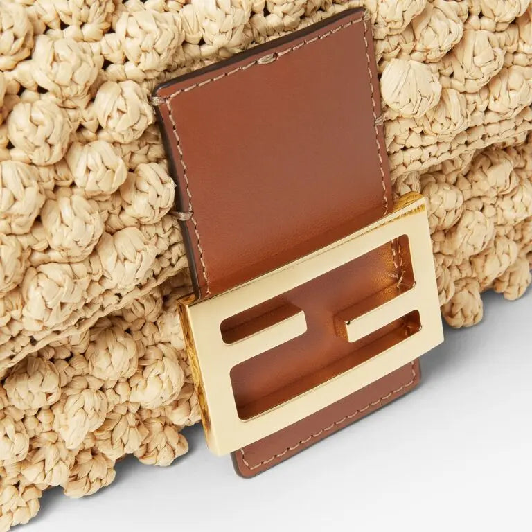 Mini Baguette Shoulder Bag Natural Raffia-Effect Material Brown Calfskin Leather