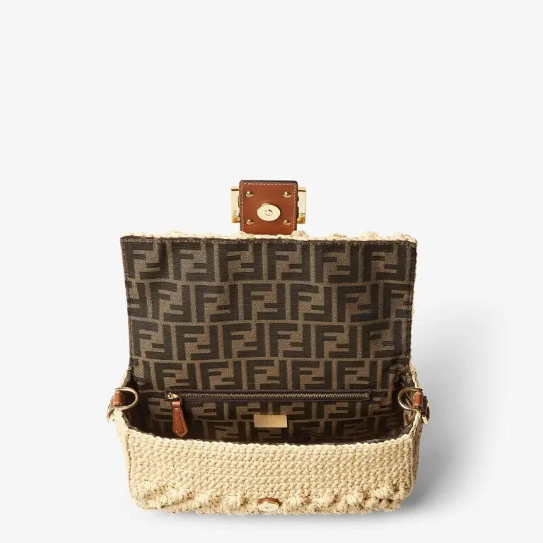Medium Baguette Shoulder Bag Natural Raffia-Effect Material Brown Leather Trim