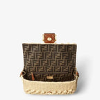 Medium Baguette Shoulder Bag Natural Raffia-Effect Material Brown Leather Trim