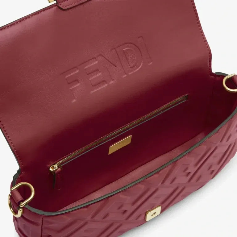 Medium Baguette Shoulder Bag Burgundy Calfskin Leather Embossed FF Pattern