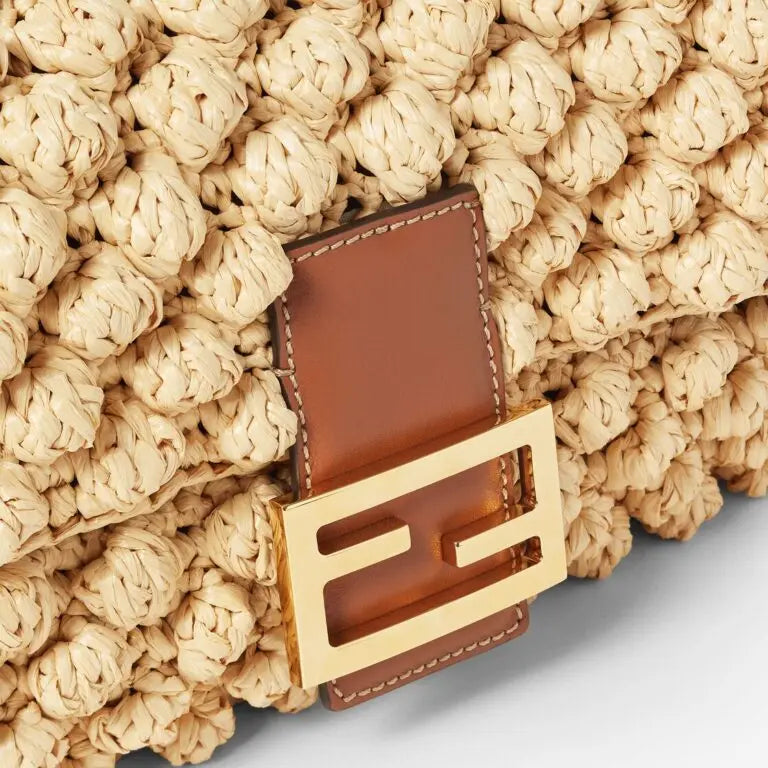 Medium Baguette Shoulder Bag Natural Raffia-Effect Material Brown Leather Trim