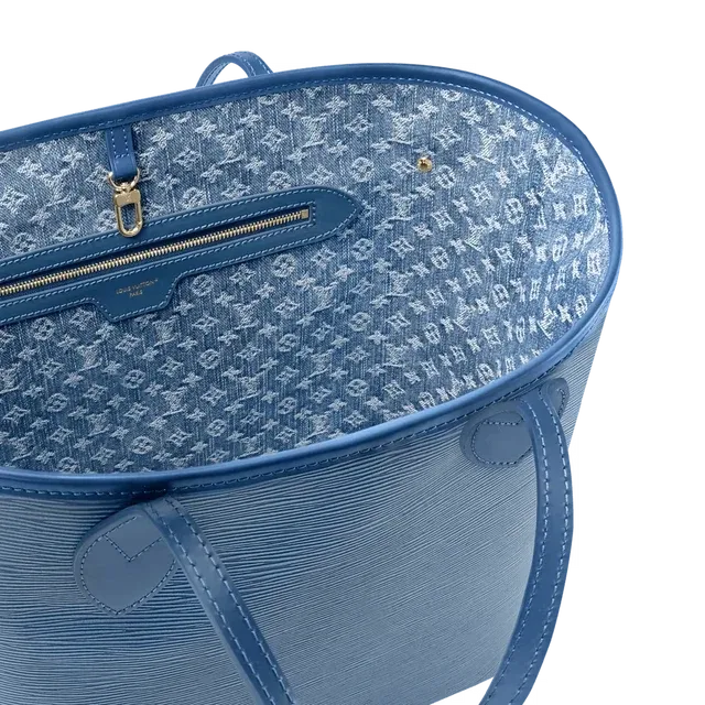 Neverfull MM Tote Bag Denim Blue Epi Leather Gold-Tone Hardware