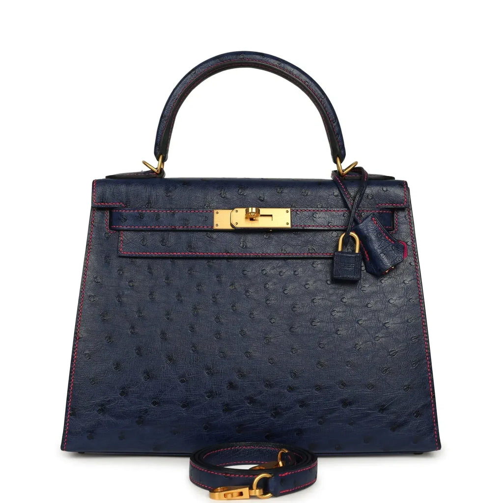 Special Order Kelly Sellier 28 Bleu Iris Ostrich Leather Brushed Gold-Tone Hardware