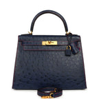 Special Order Kelly Sellier 28 Bleu Iris Ostrich Leather Brushed Gold-Tone Hardware