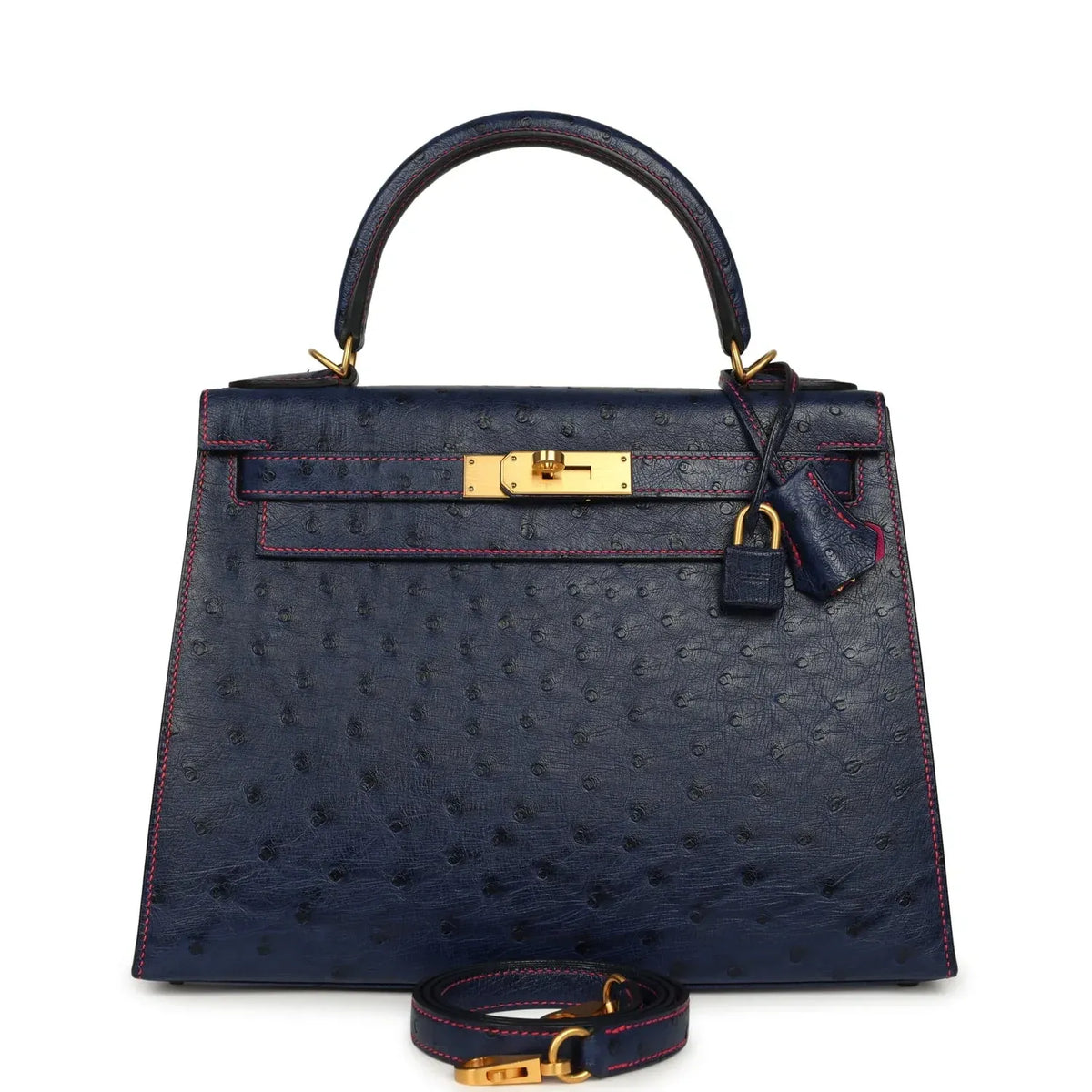 Special Order Kelly Sellier 28 Bleu Iris Ostrich Leather Brushed Gold-Tone Hardware
