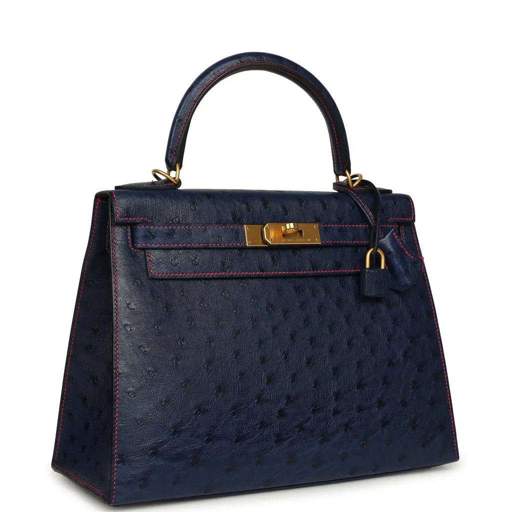 Special Order Kelly Sellier 28 Bleu Iris Ostrich Leather Brushed Gold-Tone Hardware
