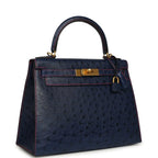 Special Order Kelly Sellier 28 Bleu Iris Ostrich Leather Brushed Gold-Tone Hardware