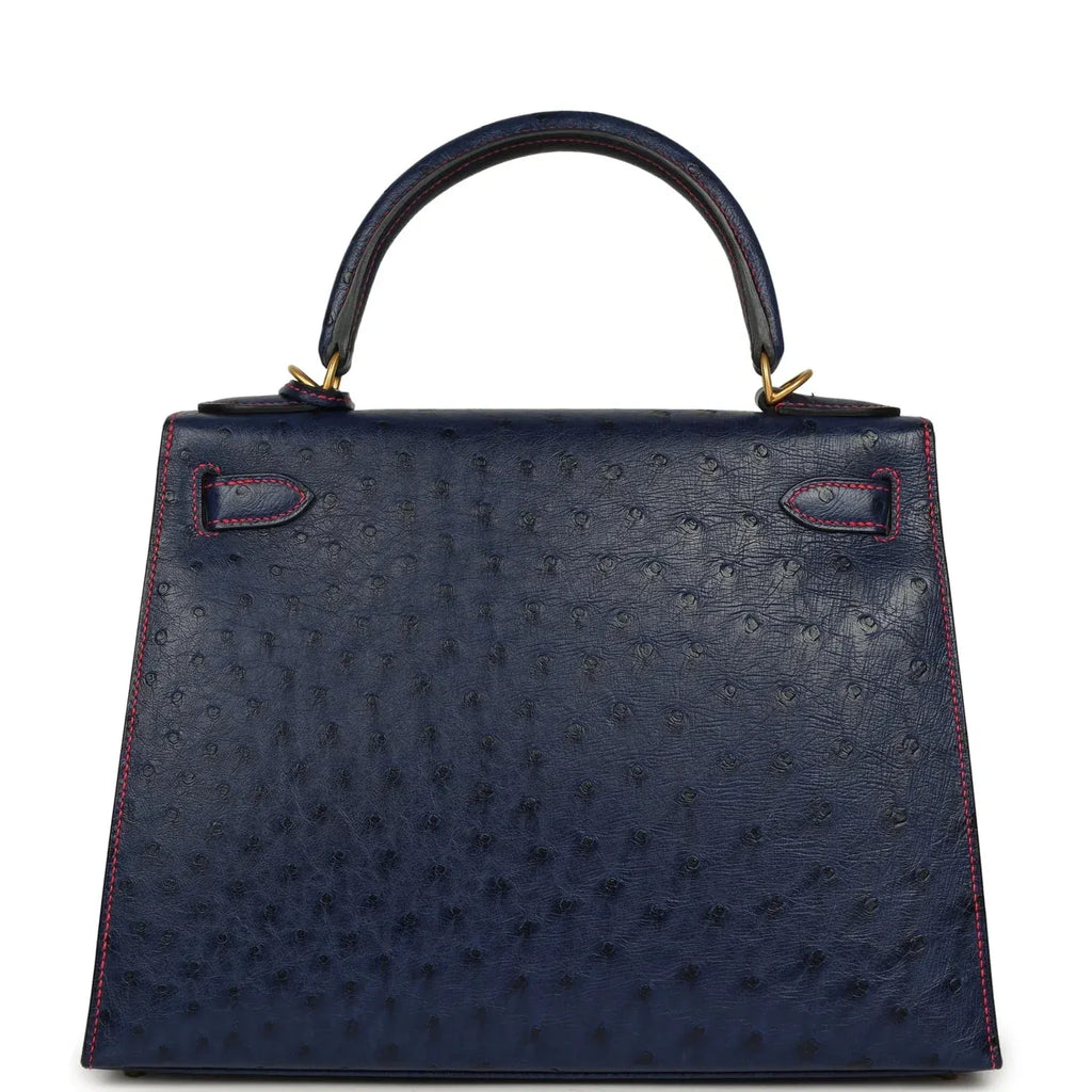 Special Order Kelly Sellier 28 Bleu Iris Ostrich Leather Brushed Gold-Tone Hardware