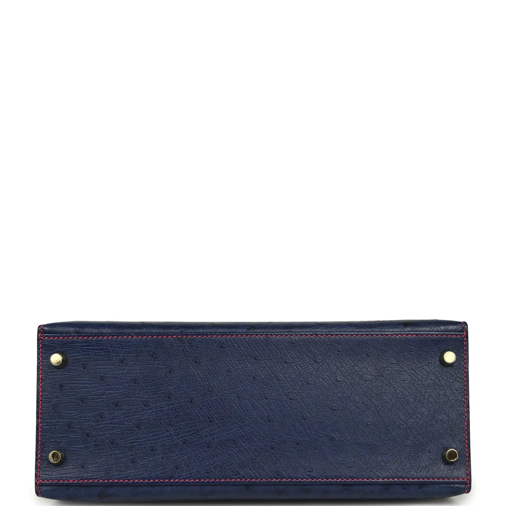 Special Order Kelly Sellier 28 Bleu Iris Ostrich Leather Brushed Gold-Tone Hardware