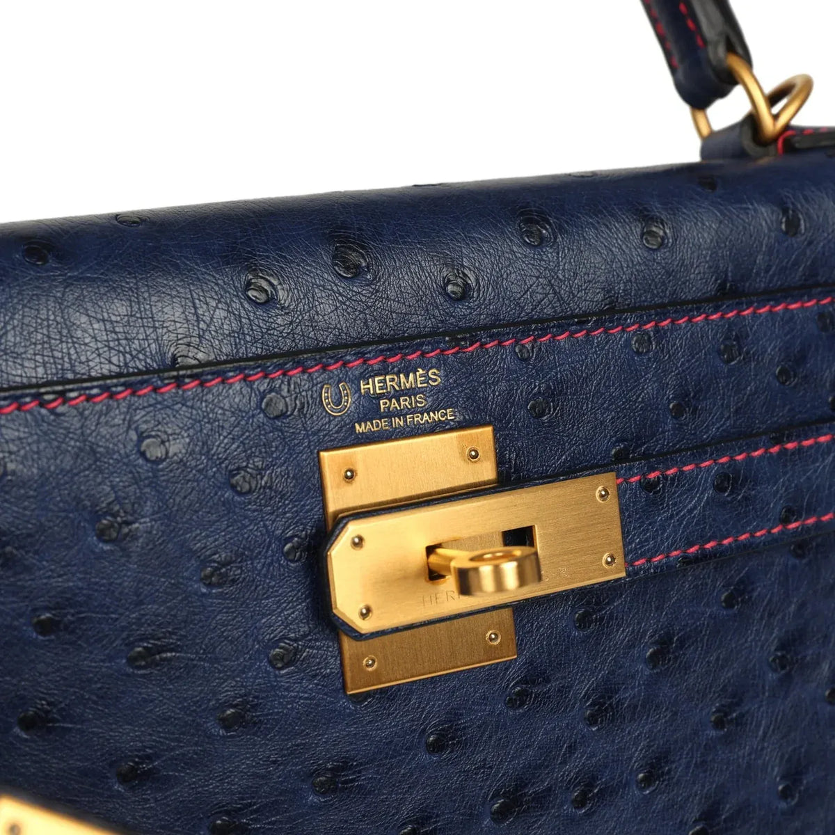 Special Order Kelly Sellier 28 Bleu Iris Ostrich Leather Brushed Gold-Tone Hardware