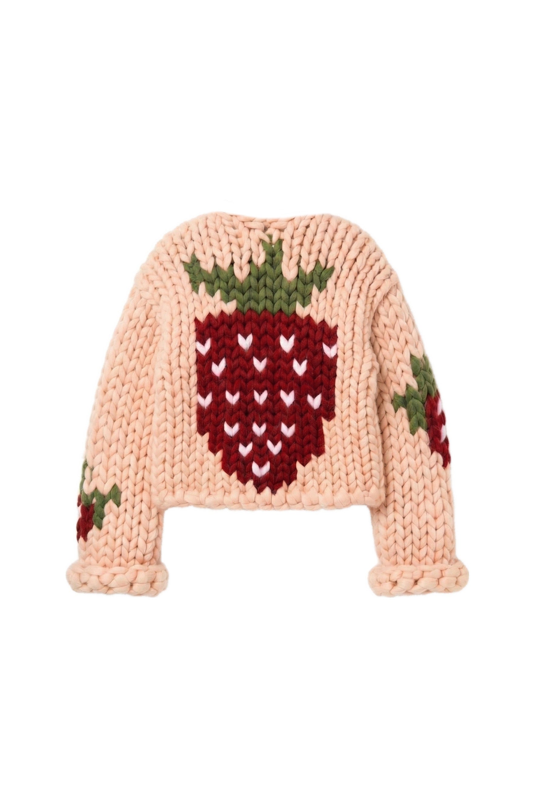Klarza light peach chunky knit cardigan with strawberry graphic – additional view 1